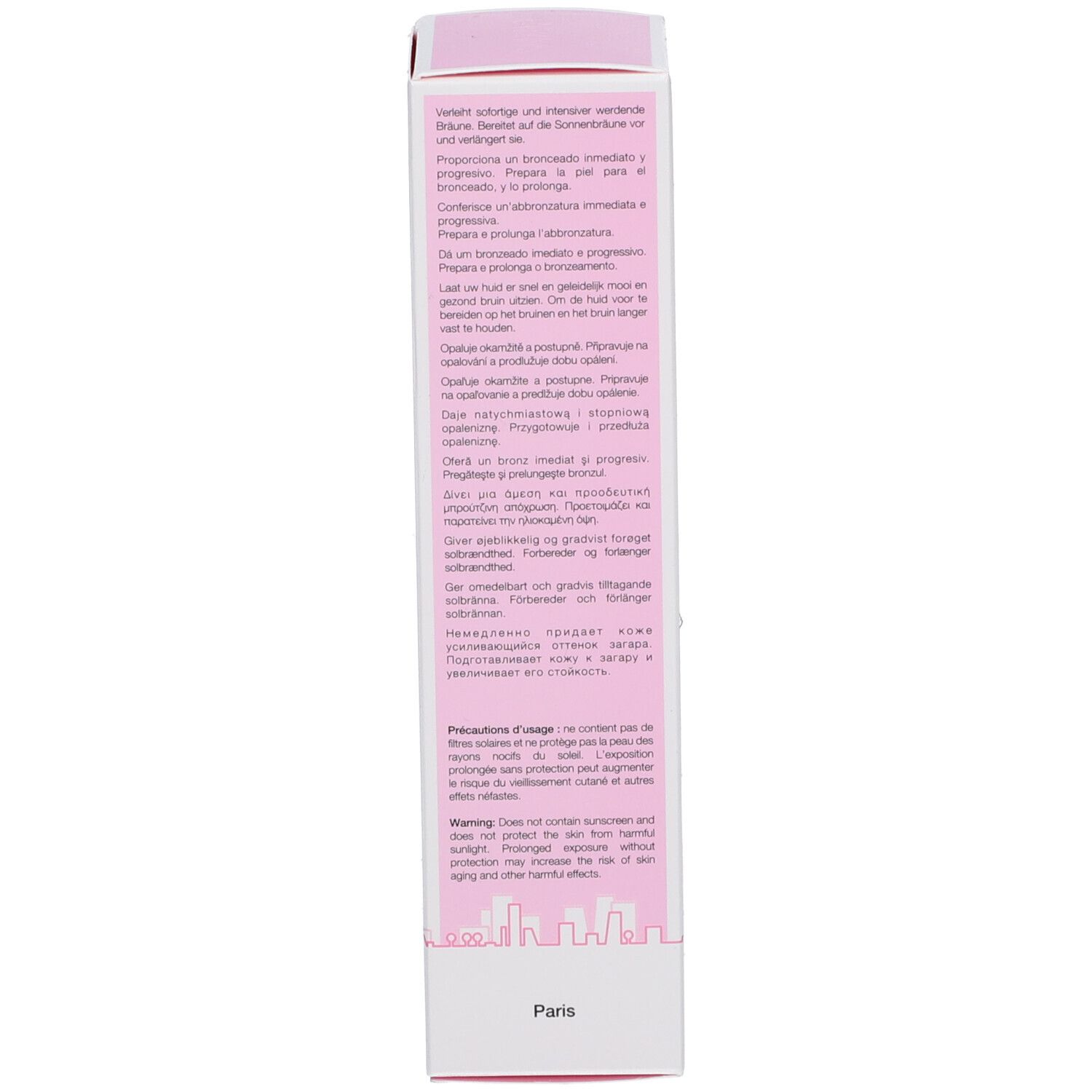 Dos d'une boîte rose. Texte multilingue. Marque SAMPAR. Fond blanc.