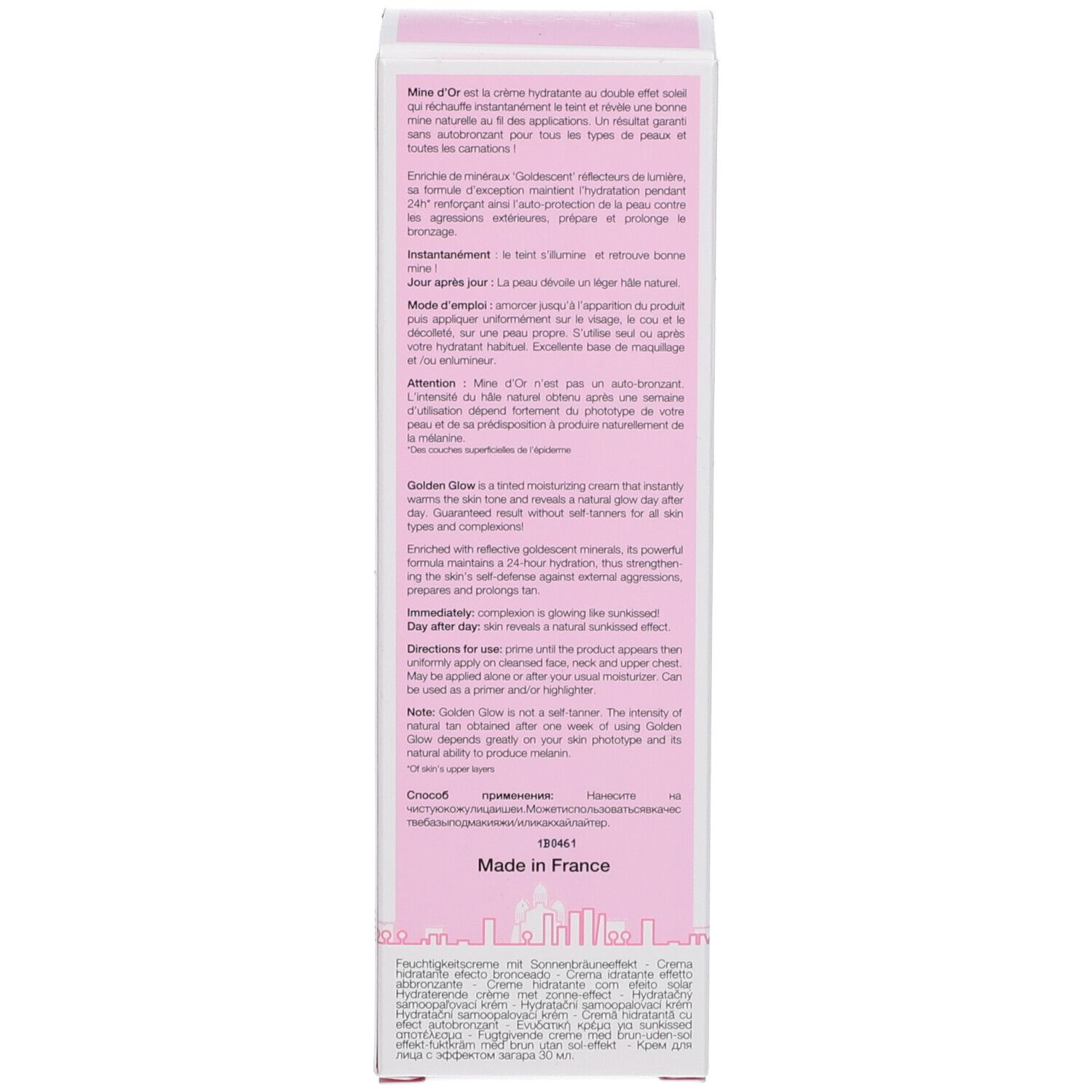 Côté d'une boîte rose. Texte multilingue. Marque SAMPAR. Fond blanc.