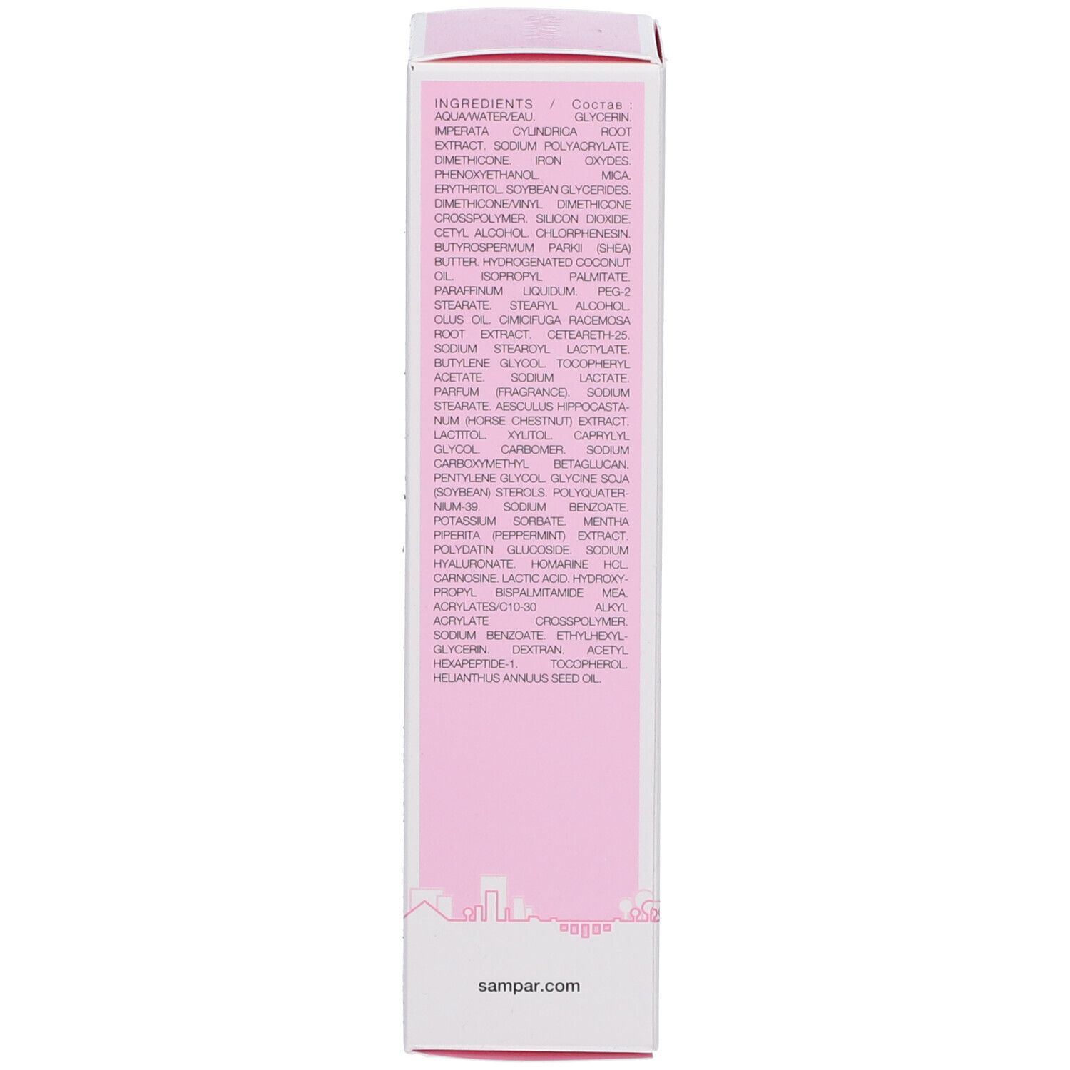 Côté d'une boîte rose. Liste des ingrédients. Marque SAMPAR. Fond blanc.