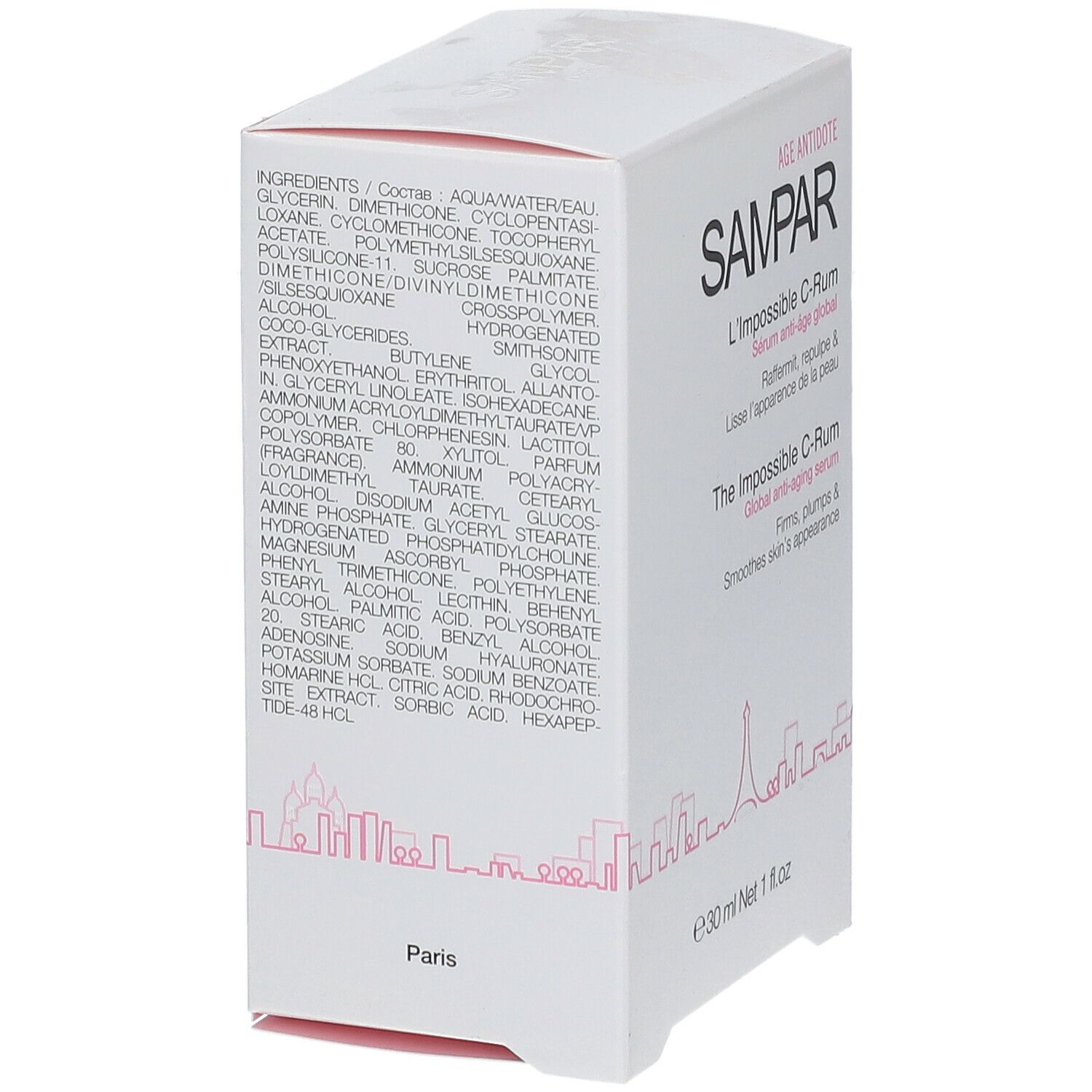 Boîte blanche avec liste des ingrédients. Inscription: SAMPAR L'Impossible C-Rum. Texte en français et anglais.