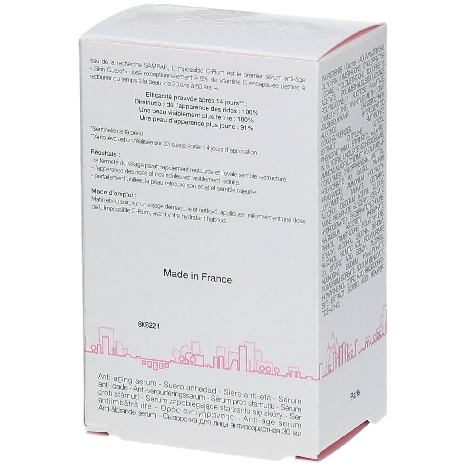 Boîte blanche avec texte. Inscription: SAMPAR L'Impossible C-Rum. Fabriqué en France. Texte en français.