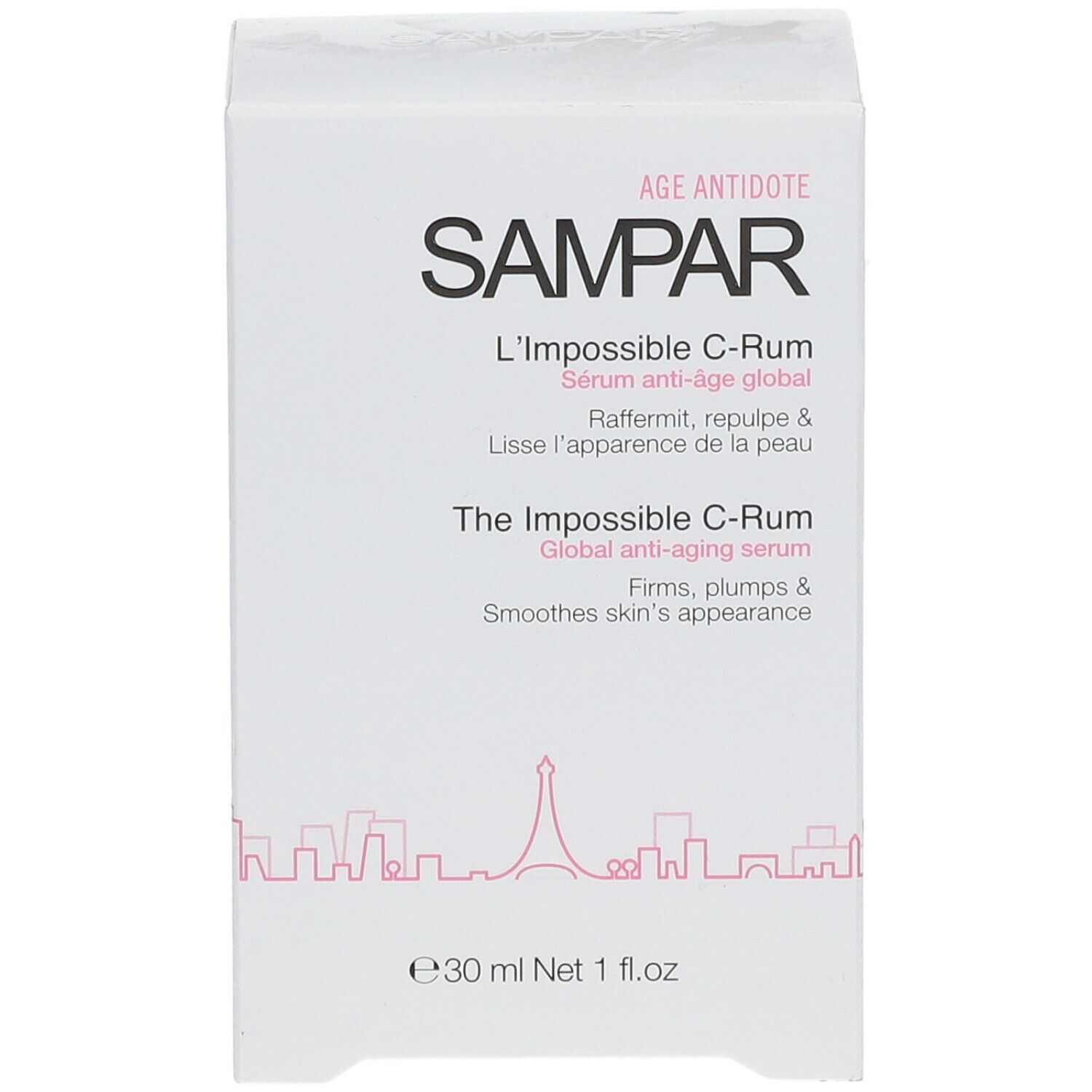 Boîte blanche avec nom du produit. Inscription: SAMPAR L'Impossible C-Rum. Texte en français et anglais.