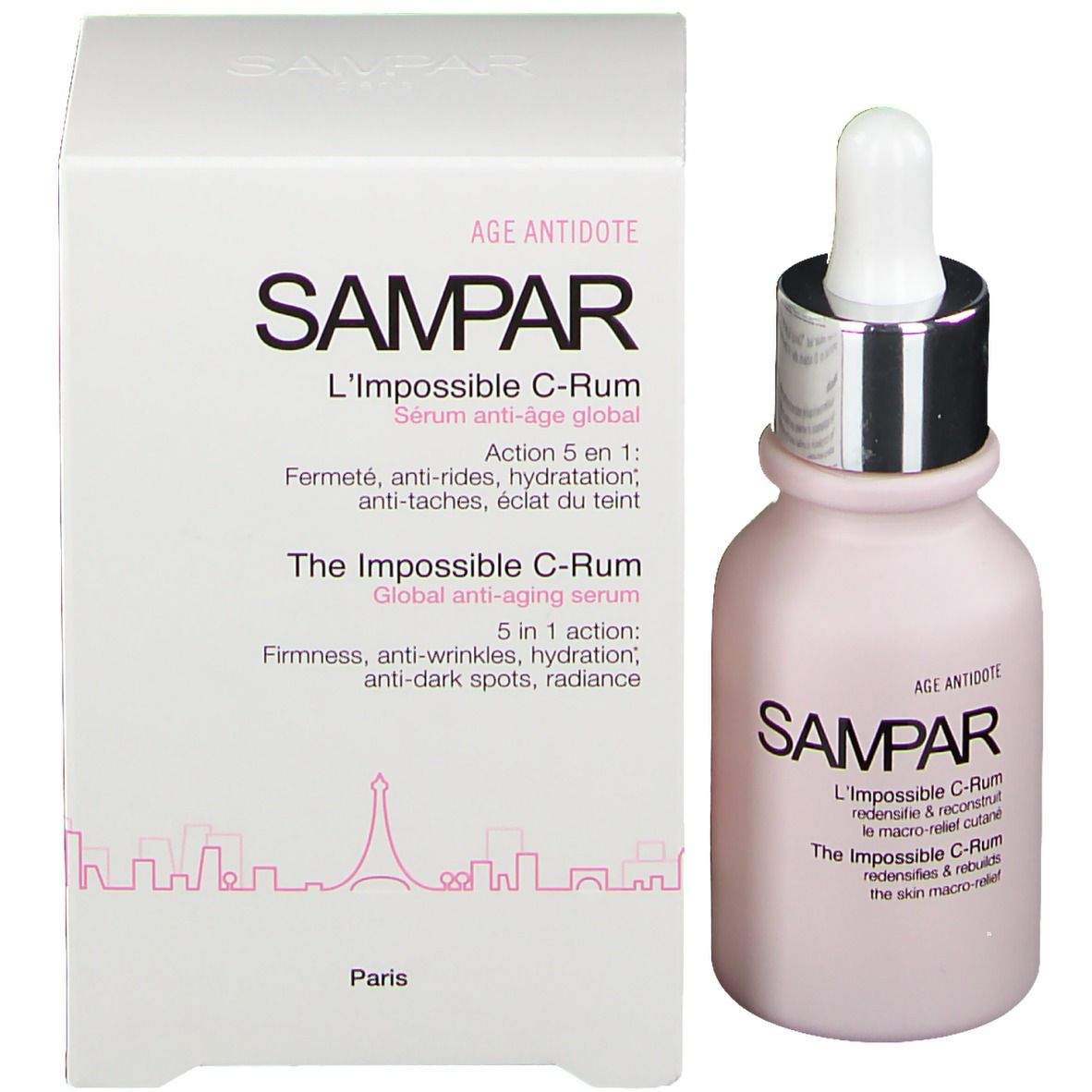 Flacon rose avec sérum et emballage. Inscription: SAMPAR L'Impossible C-Rum. Avec pipette.