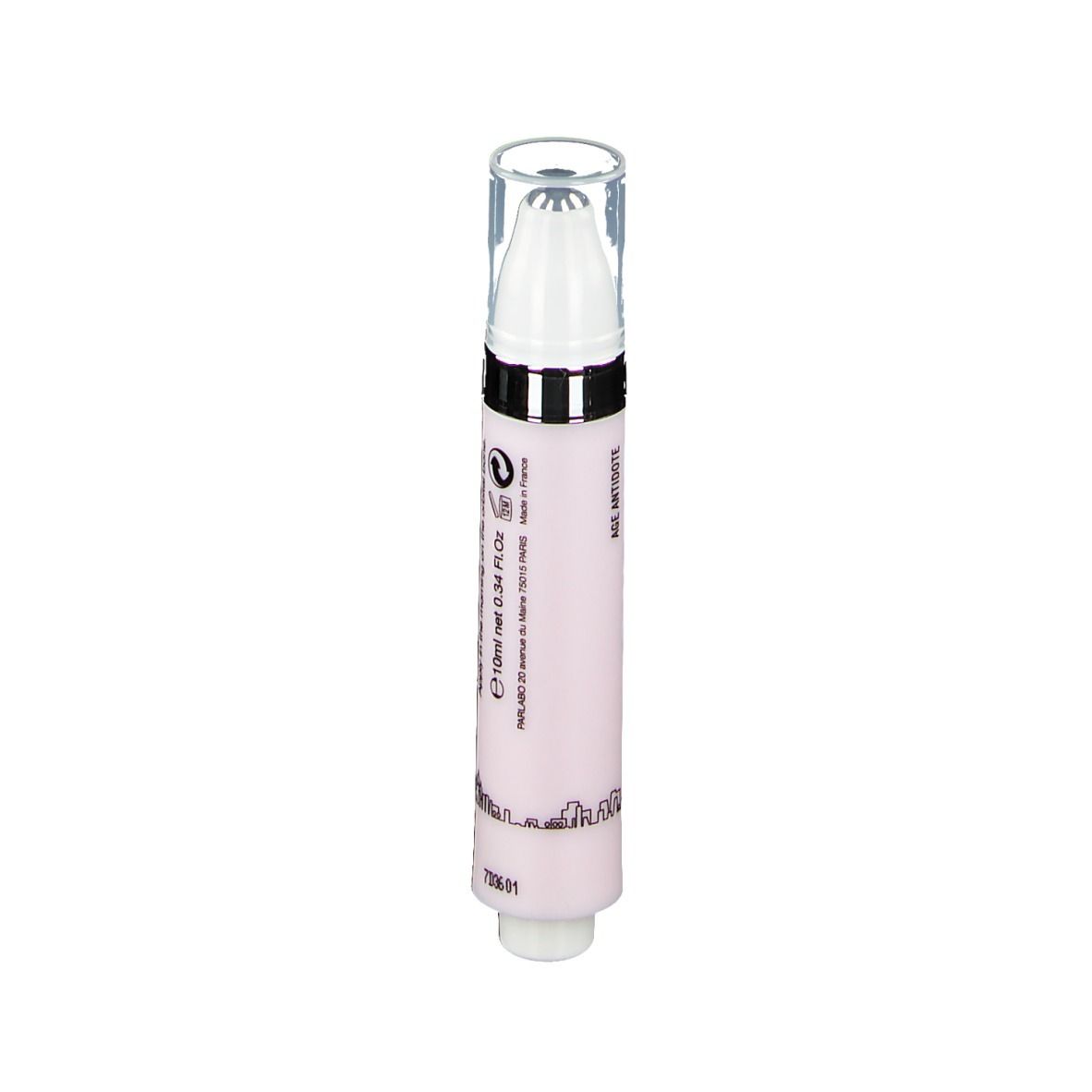 Roze roll-on met witte applicator en transparante dop. Opschrift SAMPAR en tekst.
