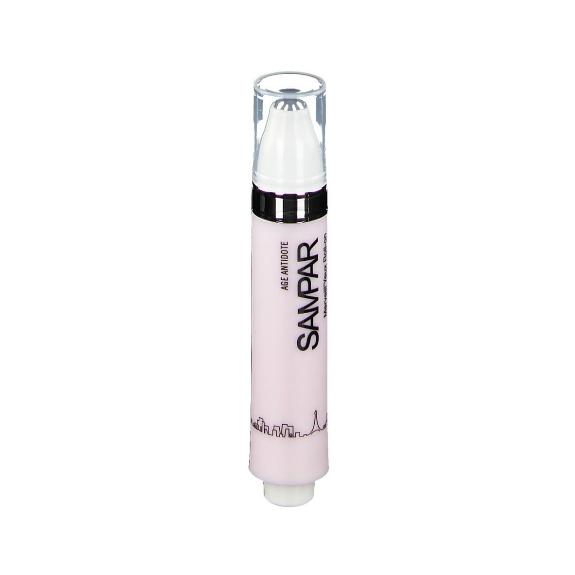 Roze roll-on met witte applicator en transparante dop. Opschrift SAMPAR en AGE ANTIDOTE.