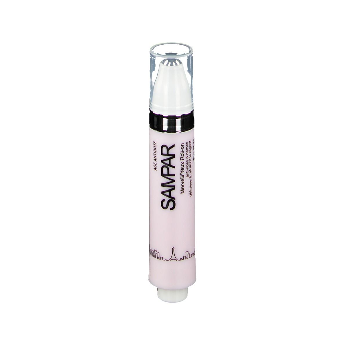 Roze roll-on met witte applicator en transparante dop. Opschrift SAMPAR en Merveill'Yeux Roll-on.