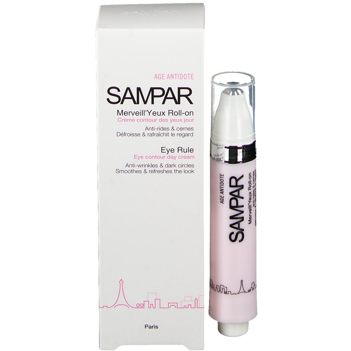Roze roll-on en verpakking. Opschrift SAMPAR, Merveill'Yeux Roll-on, Eye Rule. Witte achtergrond.