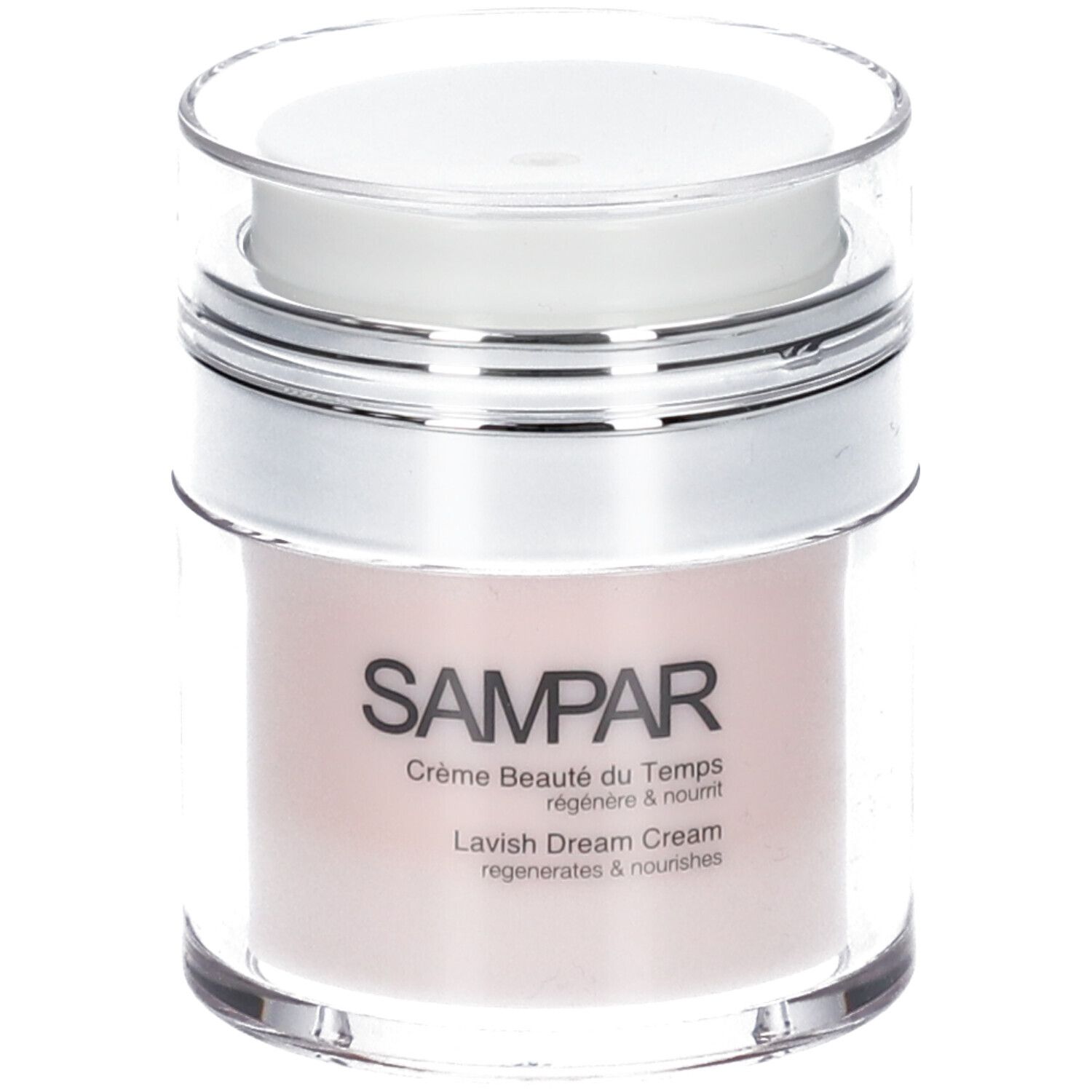 Creme-Tiegel mit transparentem Deckel. Aufschrift SAMPAR, Lavish Dream Cream. Rosa Creme sichtbar.
