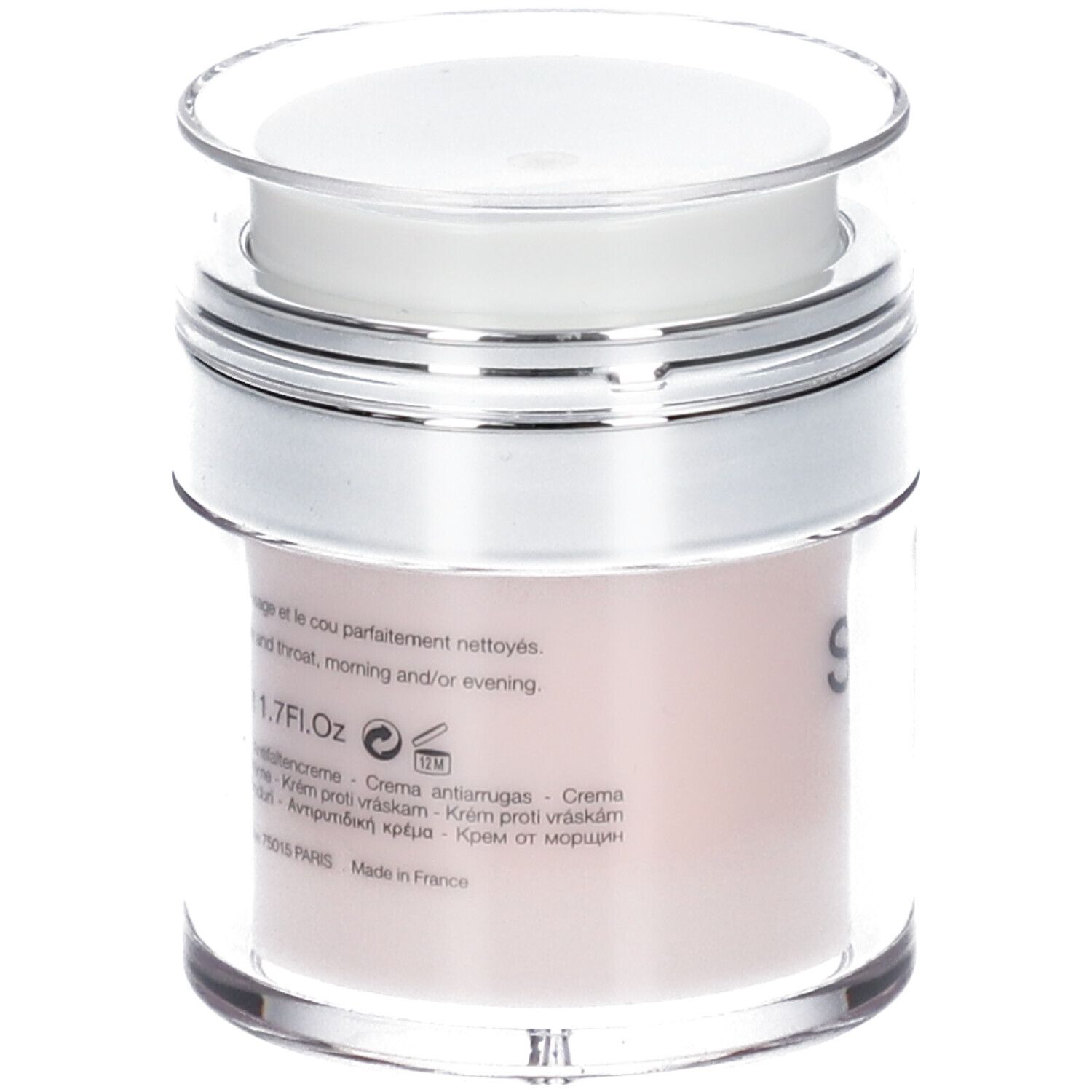 Creme-Tiegel, Rückseite. Text: 1.7 Fl.Oz. Verschiedene Sprachen. Hergestellt in Frankreich.