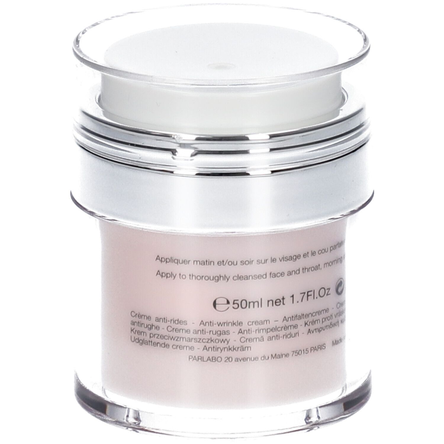 Creme-Tiegel, Seite. Text: 50ml 1.7 Fl.Oz. Anti-Falten-Creme. Verschiedene Sprachen.