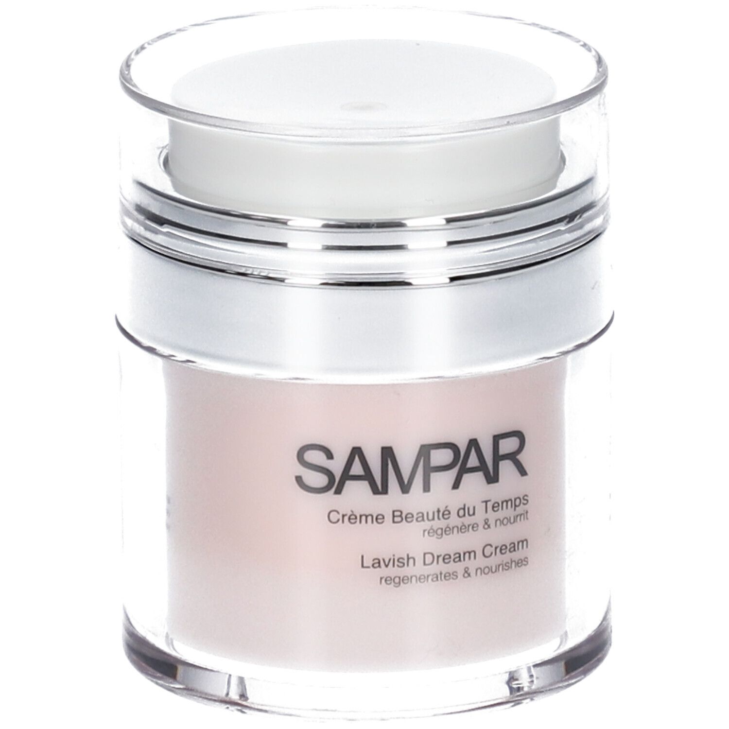 Creme-Tiegel. Aufschrift SAMPAR, Lavish Dream Cream. Rosa Creme sichtbar.