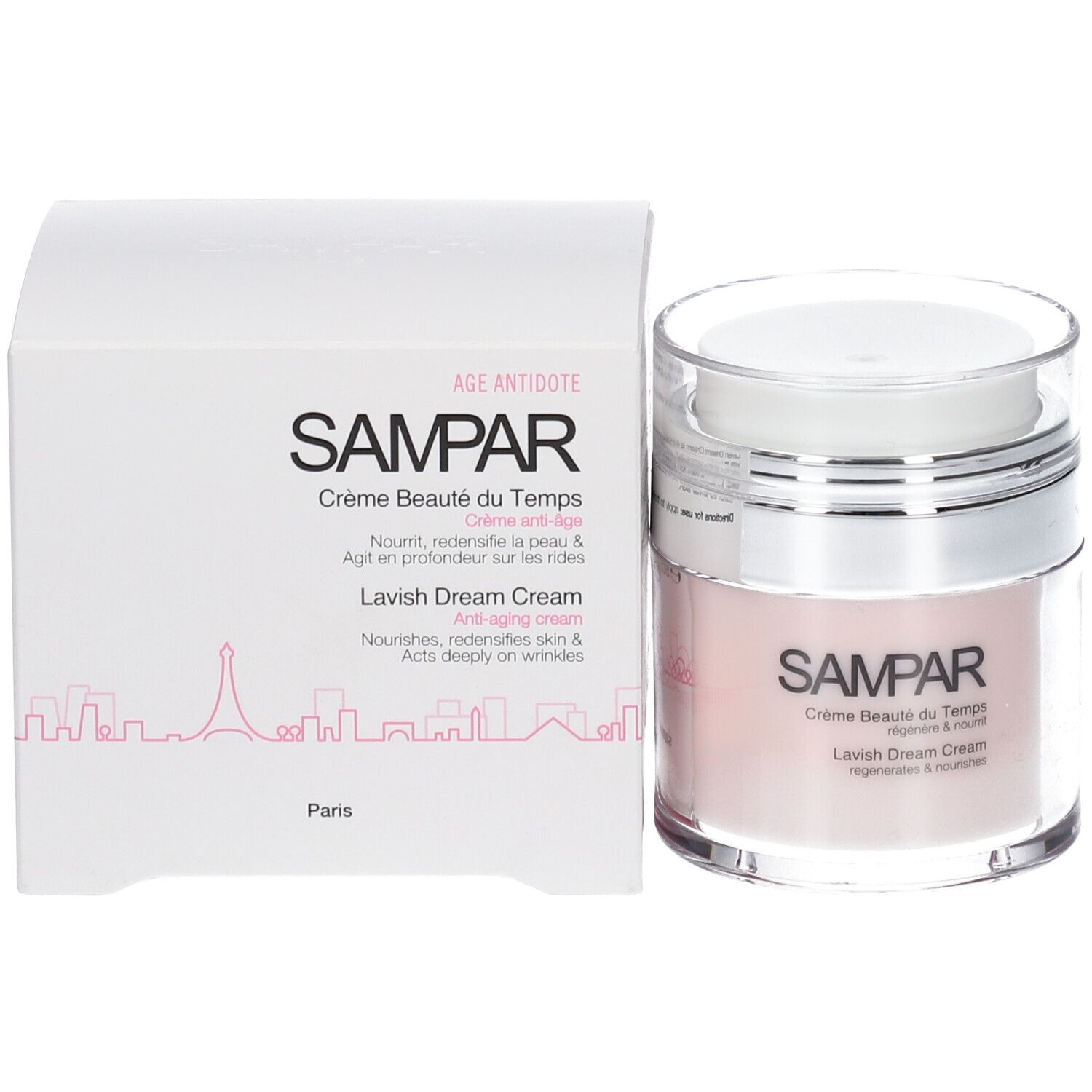 Creme-Tiegel und Schachtel. Aufschrift SAMPAR, Lavish Dream Cream. Rosa Creme sichtbar.