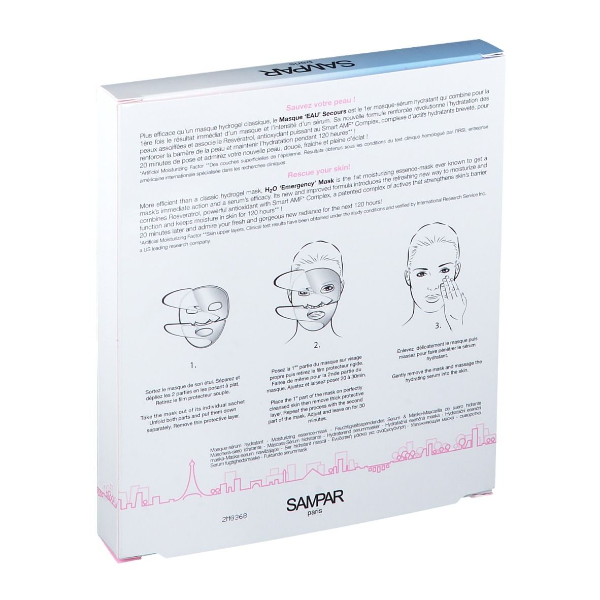 Dos de la boîte de masque SAMPAR H2O 'Emergency'. Illustrations d'utilisation. Texte en français.