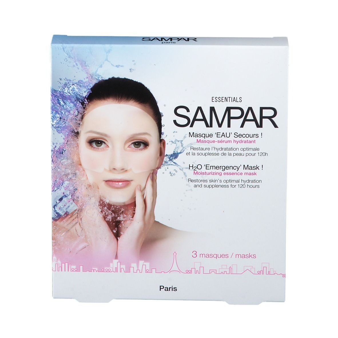 Boîte de masque SAMPAR H2O 'Emergency'. Inscription : 3 masques. Image d'une femme avec un masque et de l'eau.