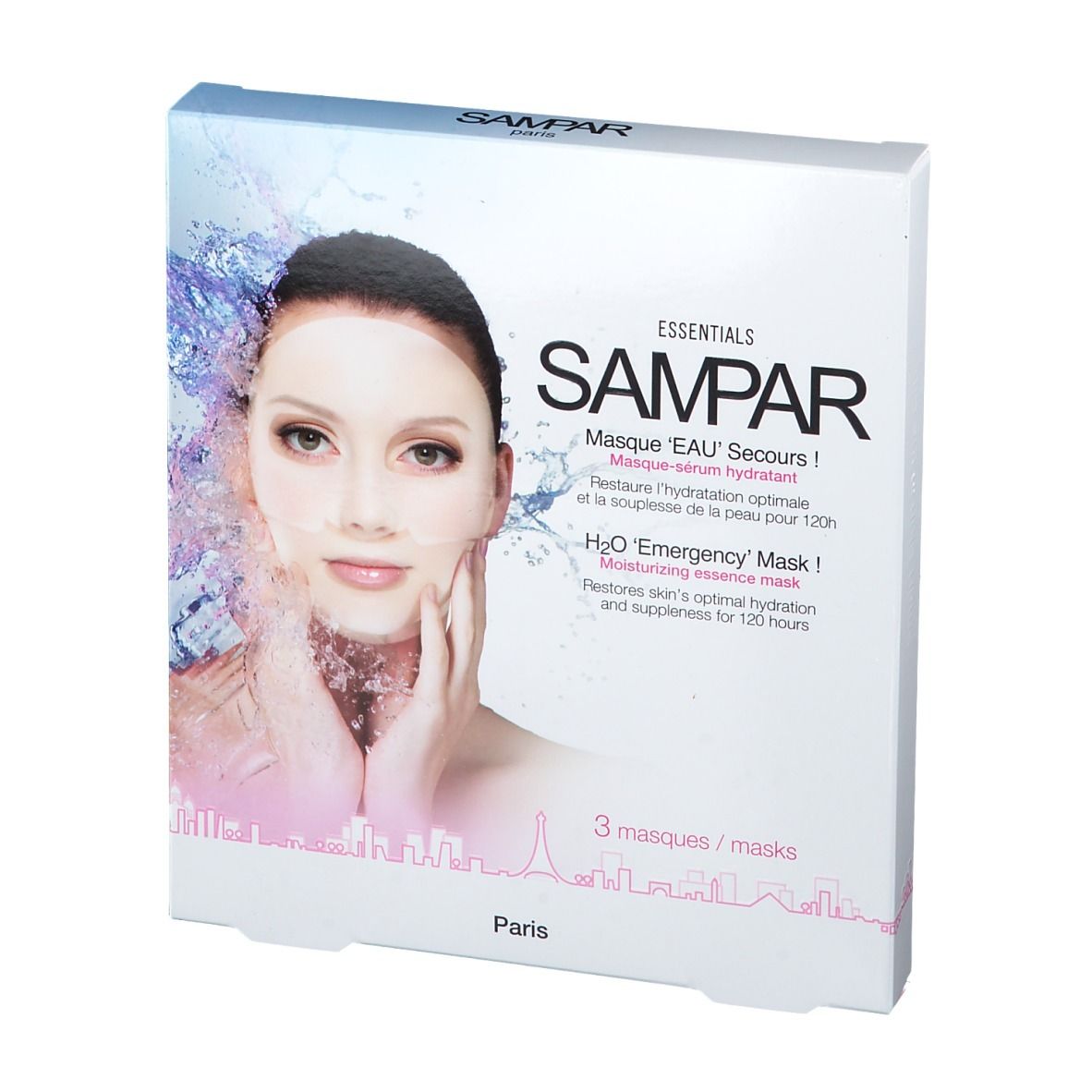 Boîte de masque SAMPAR H2O 'Emergency'. Inscription : 3 masques. Image d'une femme avec un masque et de l'eau.
