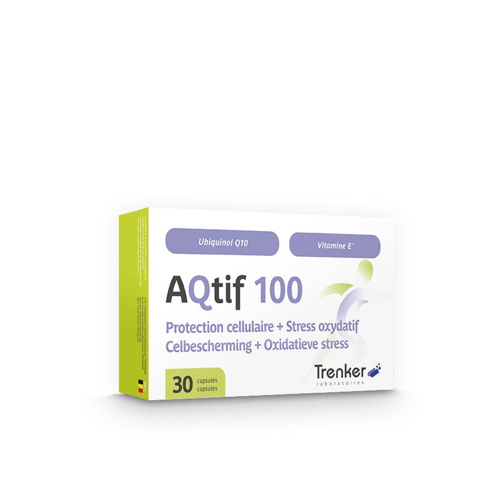 Boîte AQTif 100 avec 30 capsules. Inscription : Protection cellulaire, stress oxydatif. Marque Trenker.