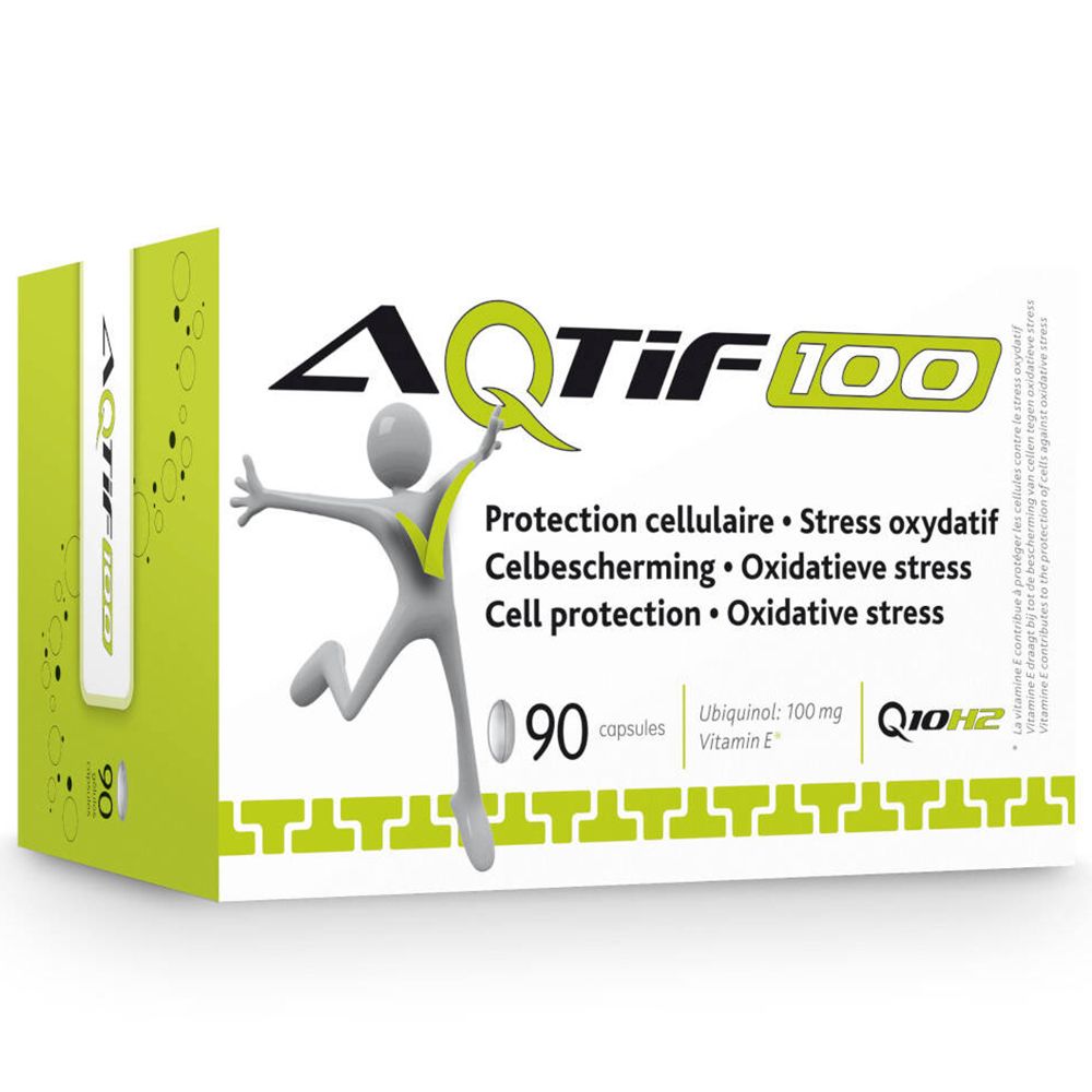 Boîte AQTif 100. 90 capsules. Protection cellulaire et stress oxydatif. Boîte verte et blanche avec logo et informations.