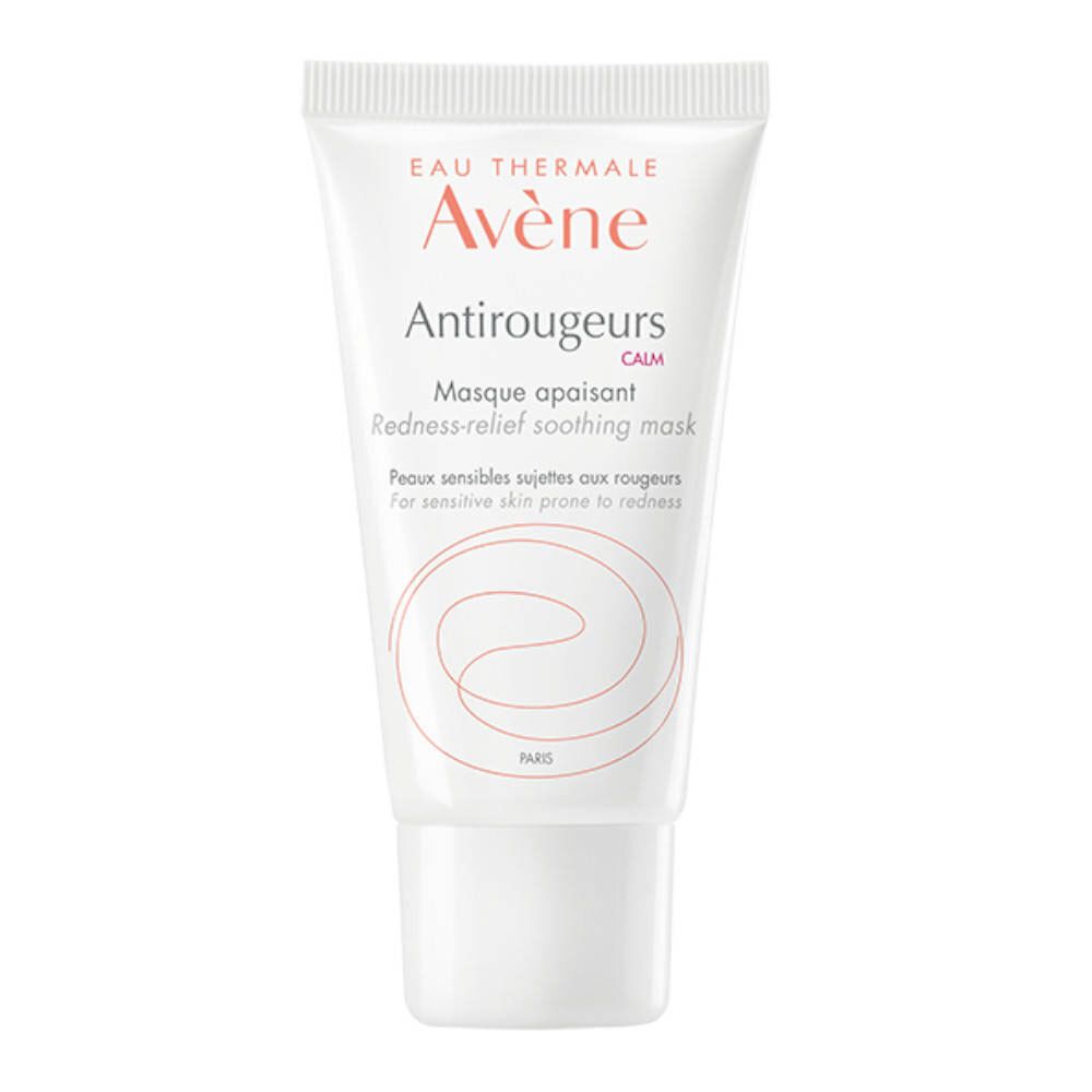 Witte tube Avène Antirougeurs Calm. Tekst: Masque apaisant, Redness-relief soothing mask.