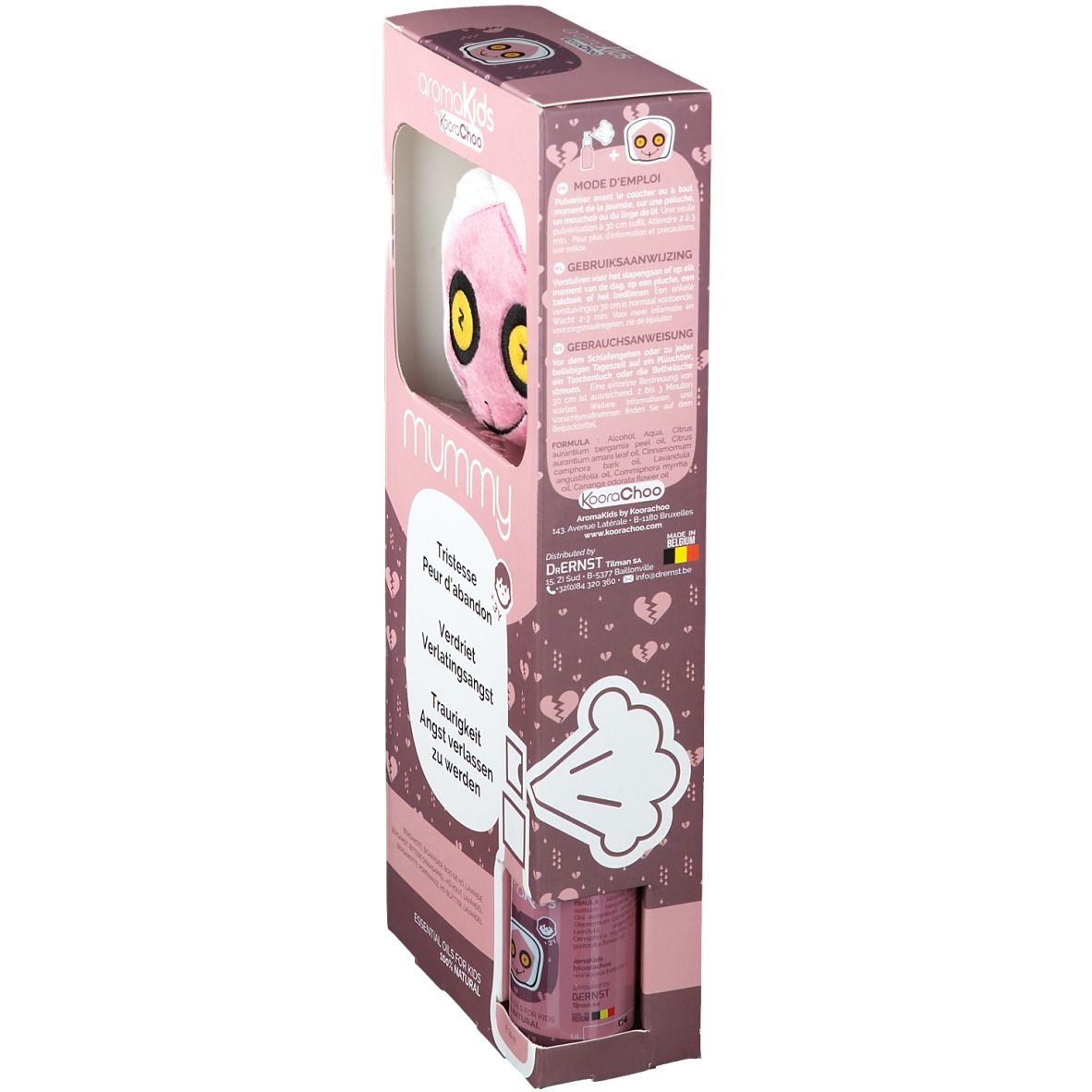 Rosa Verpackung, Seitenansicht. Text: Tristesse, Angst verlassen zu werden. aromaKids. Produktabbildung.
