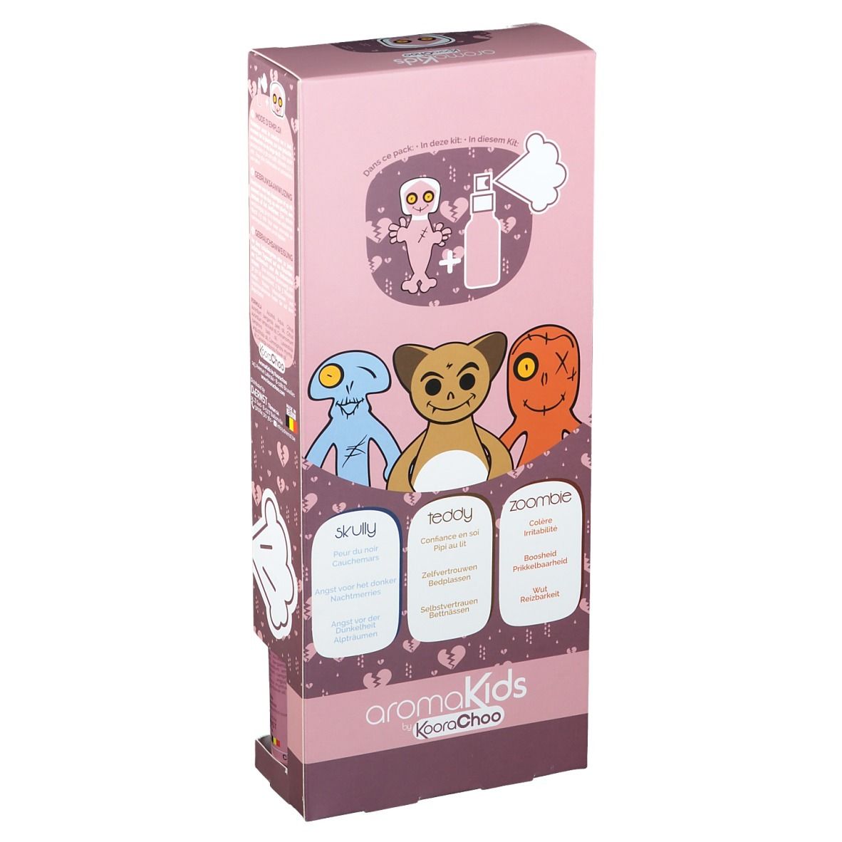 Rosa Verpackung, Rückseite. Illustrationen von Figuren. Text: aromaKids. Produktnamen: Skully, Teddy, Zoombie.