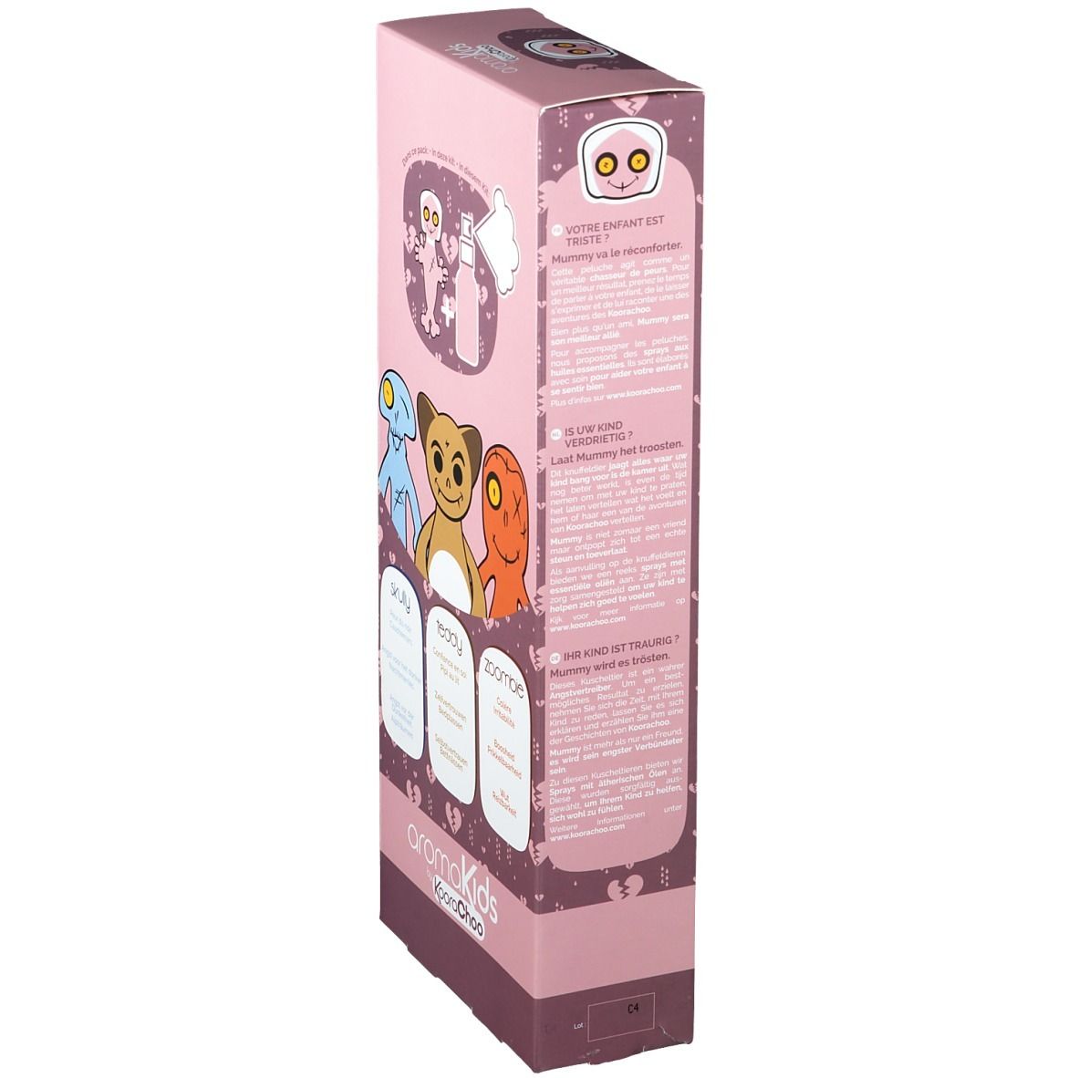 Rosa Verpackung, Seitenansicht. Text: aromaKids. Illustrationen von Figuren und Produktinformationen.