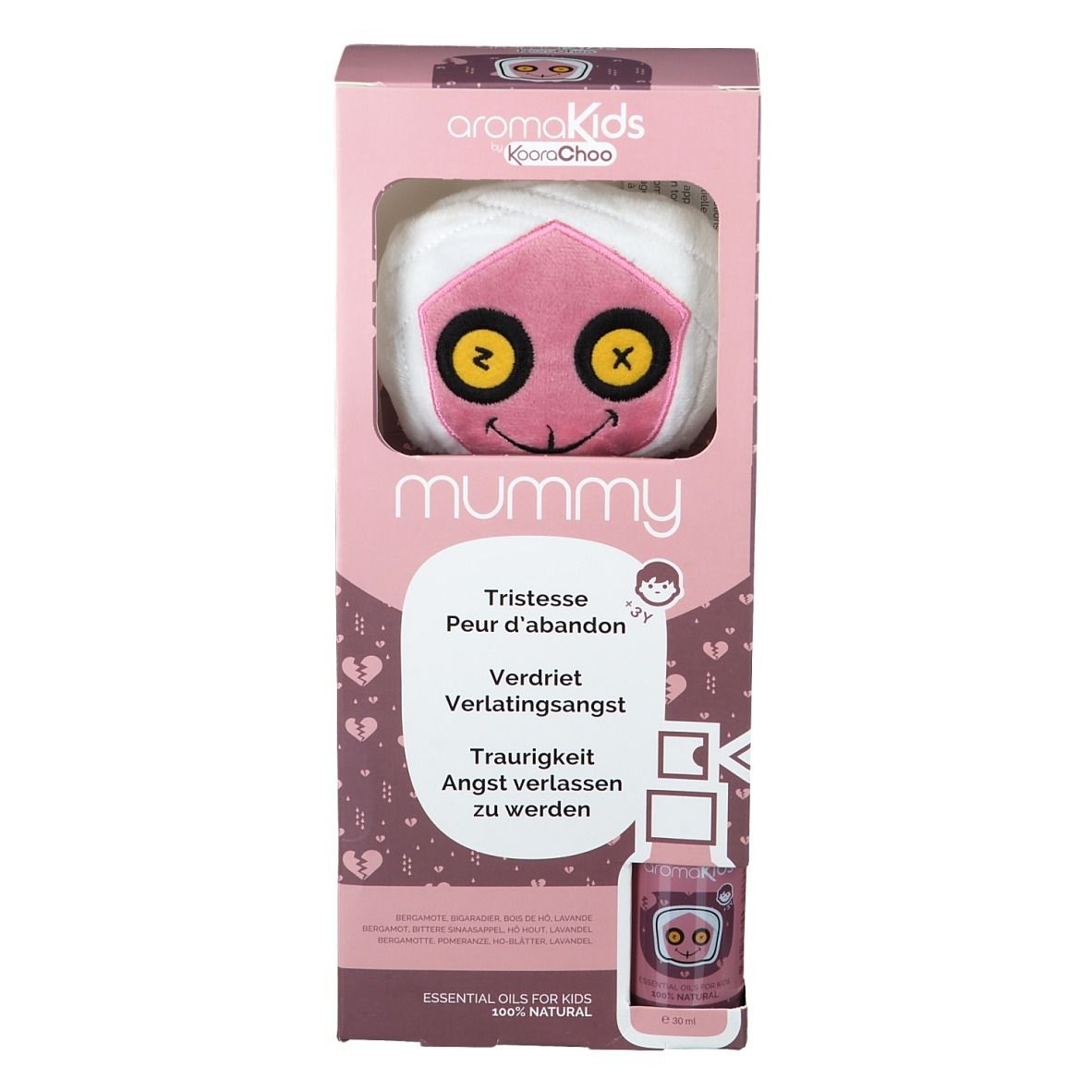 Rosa Verpackung mit Plüschtier und ätherischem Öl. Text: Tristesse, Angst verlassen zu werden. aromaKids.