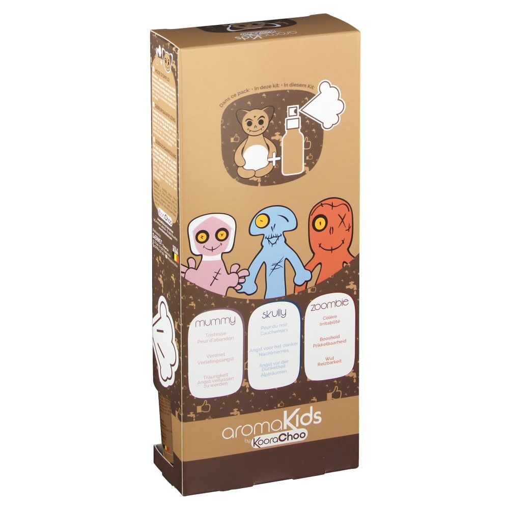 Braune Verpackung mit Teddybär, Sprühflasche und Illustrationen von Monstern. Aufschrift: aromaKids. Texte in Französisch, Niederländisch.