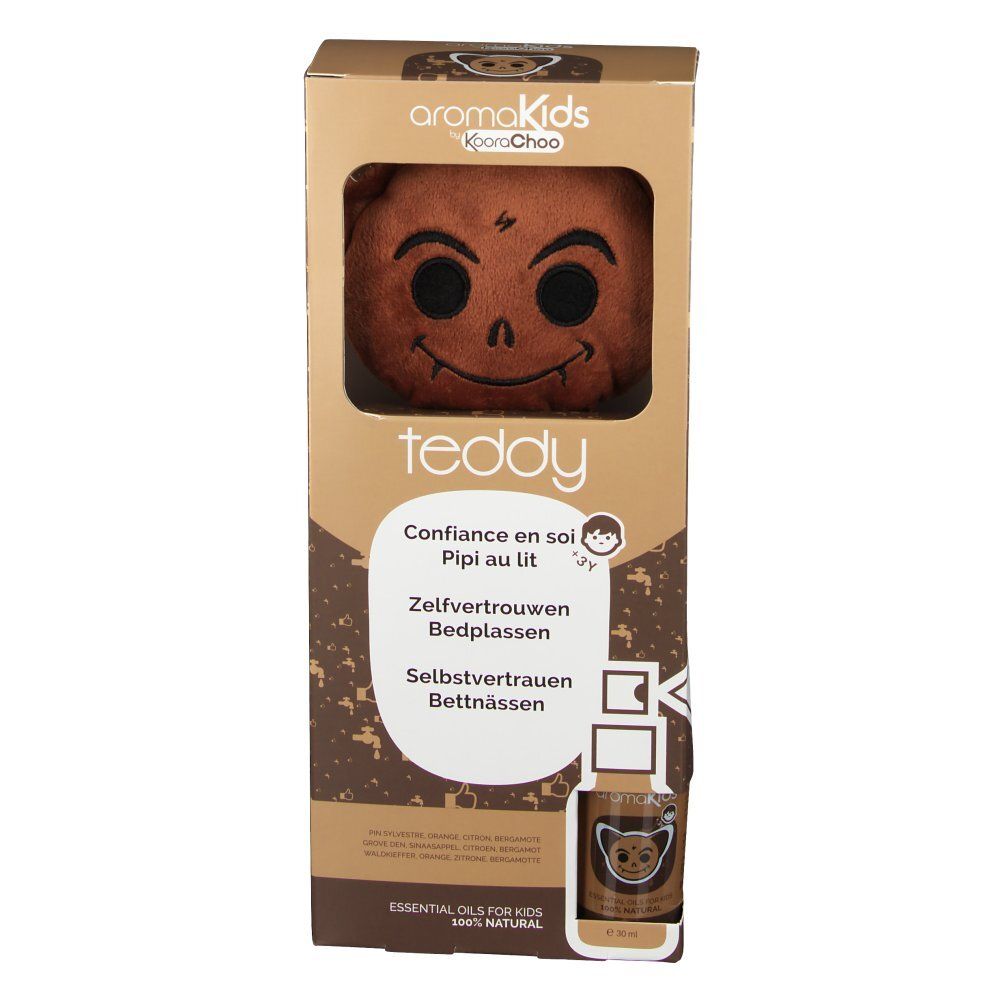 Braune Verpackung mit Teddybär. Aufschrift: teddy, Confiance en soi, Pipi au lit, Selbstvertrauen, Bettnässen. Flasche sichtbar.