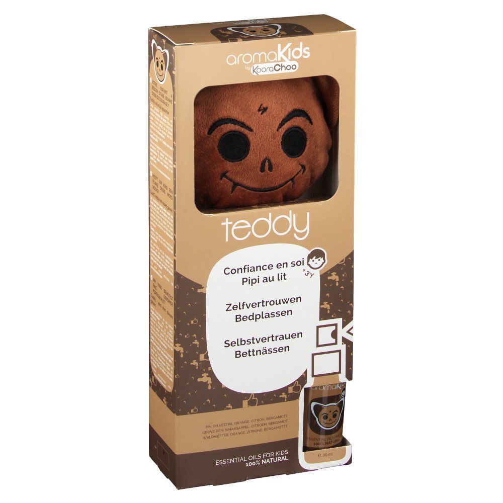 Braune Verpackung mit Teddybär. Aufschrift: teddy, Confiance en soi, Pipi au lit, Selbstvertrauen, Bettnässen. Flasche sichtbar.