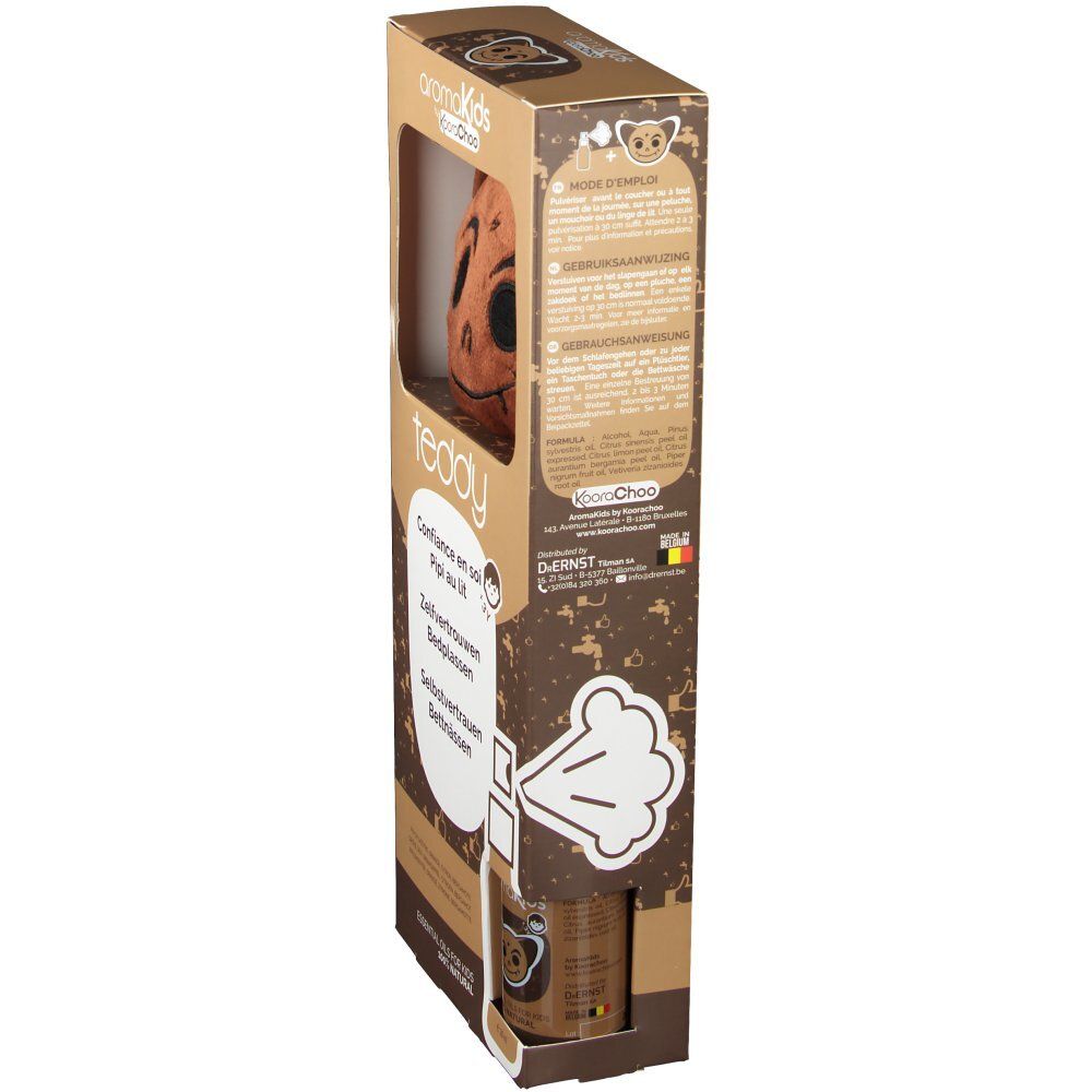Braune Verpackung mit Teddybär. Aufschrift: teddy, Confiance en soi, Pipi au lit, Selbstvertrauen, Bettnässen. Flasche sichtbar.