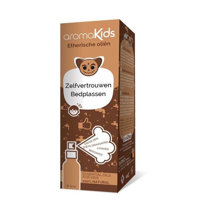 Braune Verpackung mit Produktnamen und Illustration. Text: Zelfvertrouwen, Bedplassen. Enthält ätherische Öle für Kinder.