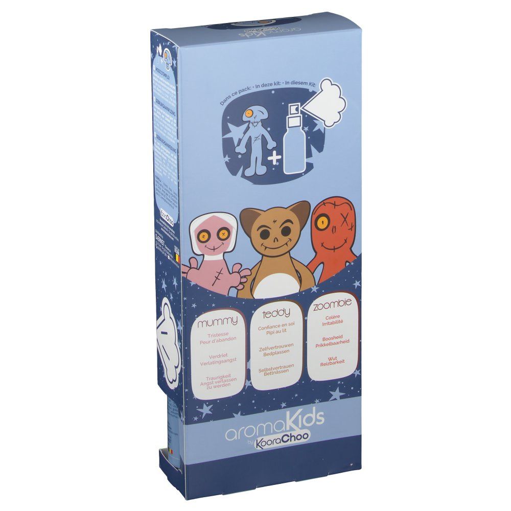 Productverpakking met drie verschillende knuffels. Merk en productnaam zichtbaar. Teksten in verschillende talen.