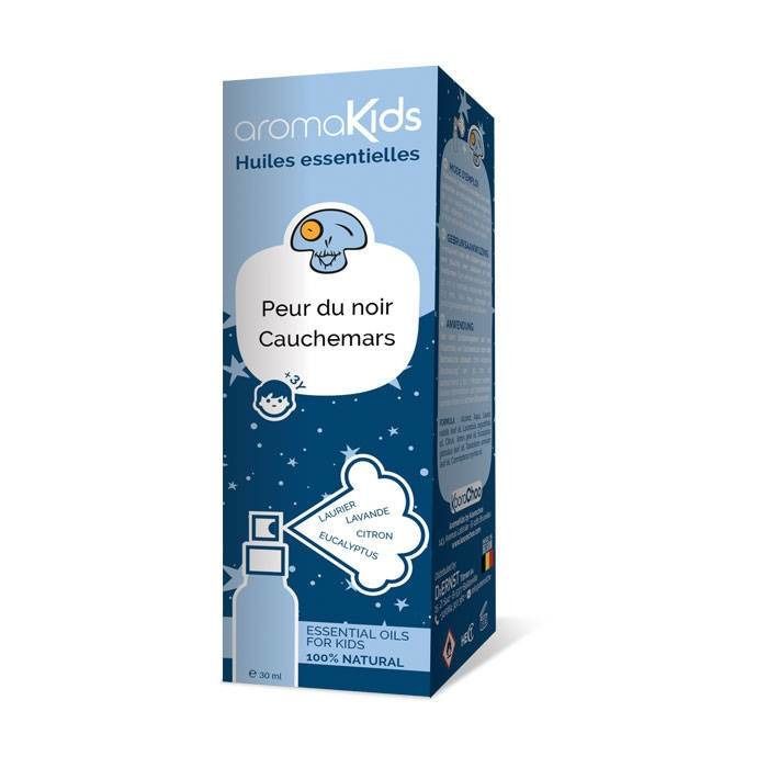 Aromakids-Box. Blaue Verpackung mit Produktnamen und Illustration. Enthält ätherische Öle. Text: Peur du noir, Cauchemars.