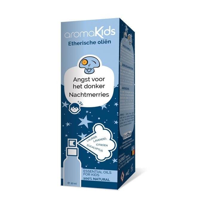 Aromakids-Box. Blaue Verpackung mit Produktnamen und Illustration. Enthält ätherische Öle. Text: Angst voor het donker, Nachtmerries.