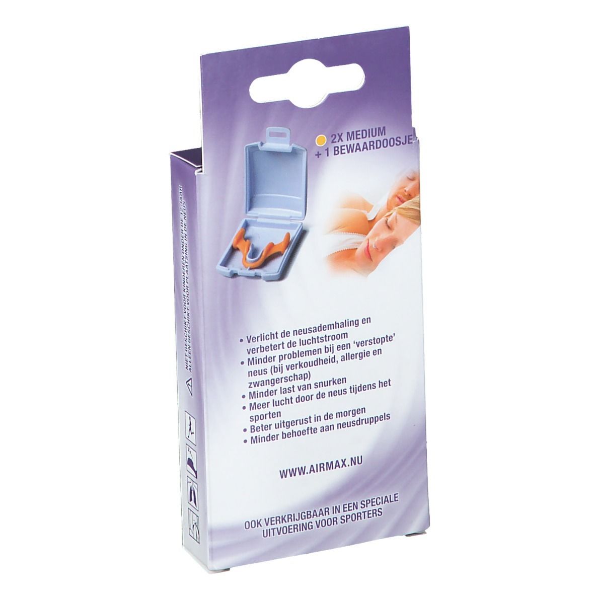 Verpackung mit airmax®-Nasenbügeln. Enthält 2 Nasenbügel und eine Aufbewahrungsbox. Text: Verbessert die Atmung.