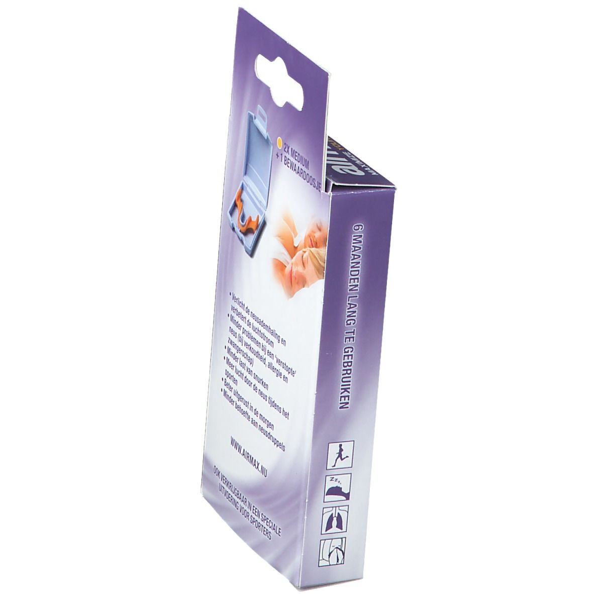 Seitenansicht der airmax®-Verpackung. Text: 6 Monate lang verwendbar. Enthält Nasenbügel und Aufbewahrungsbox.