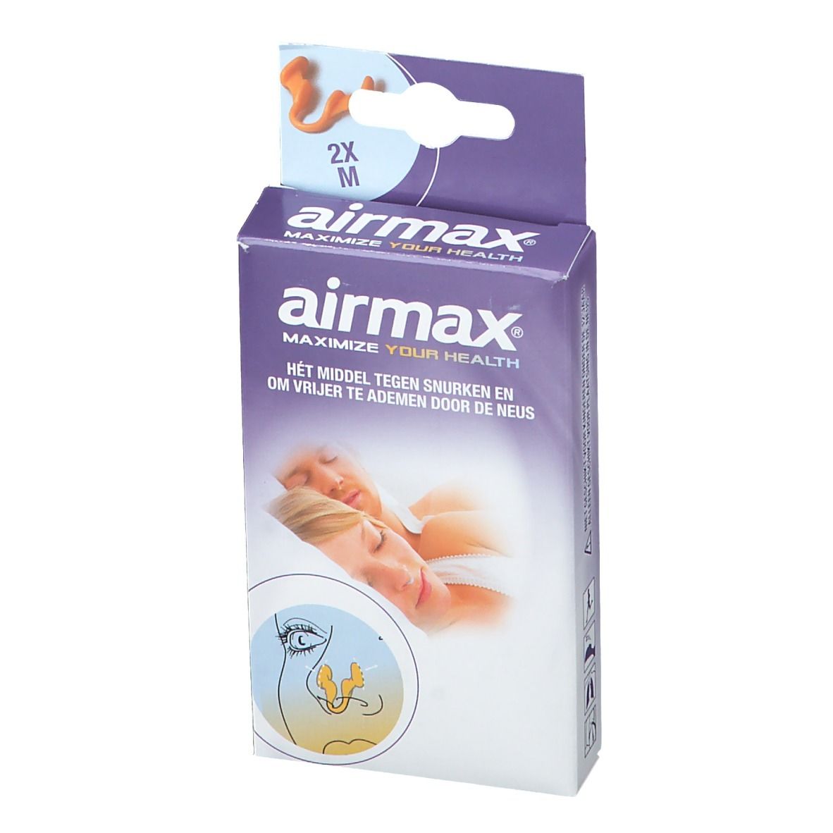 Verpackung airmax® mit Produktnamen. Aufdruck: Maximieren Sie Ihre Gesundheit. Abbildung von schlafenden Personen.