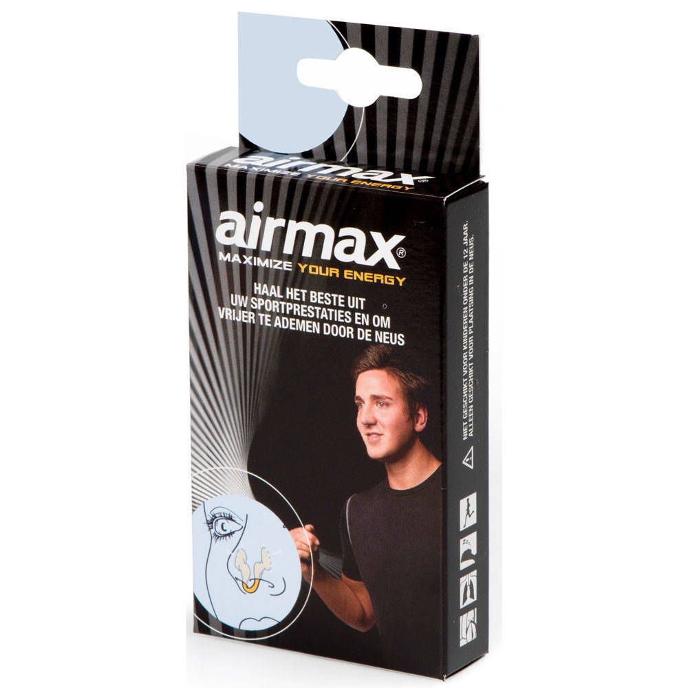 Emballage noir airmax®. Texte: 'MAXIMIZE YOUR ENERGY'. Illustration d'un homme et d'un nez.