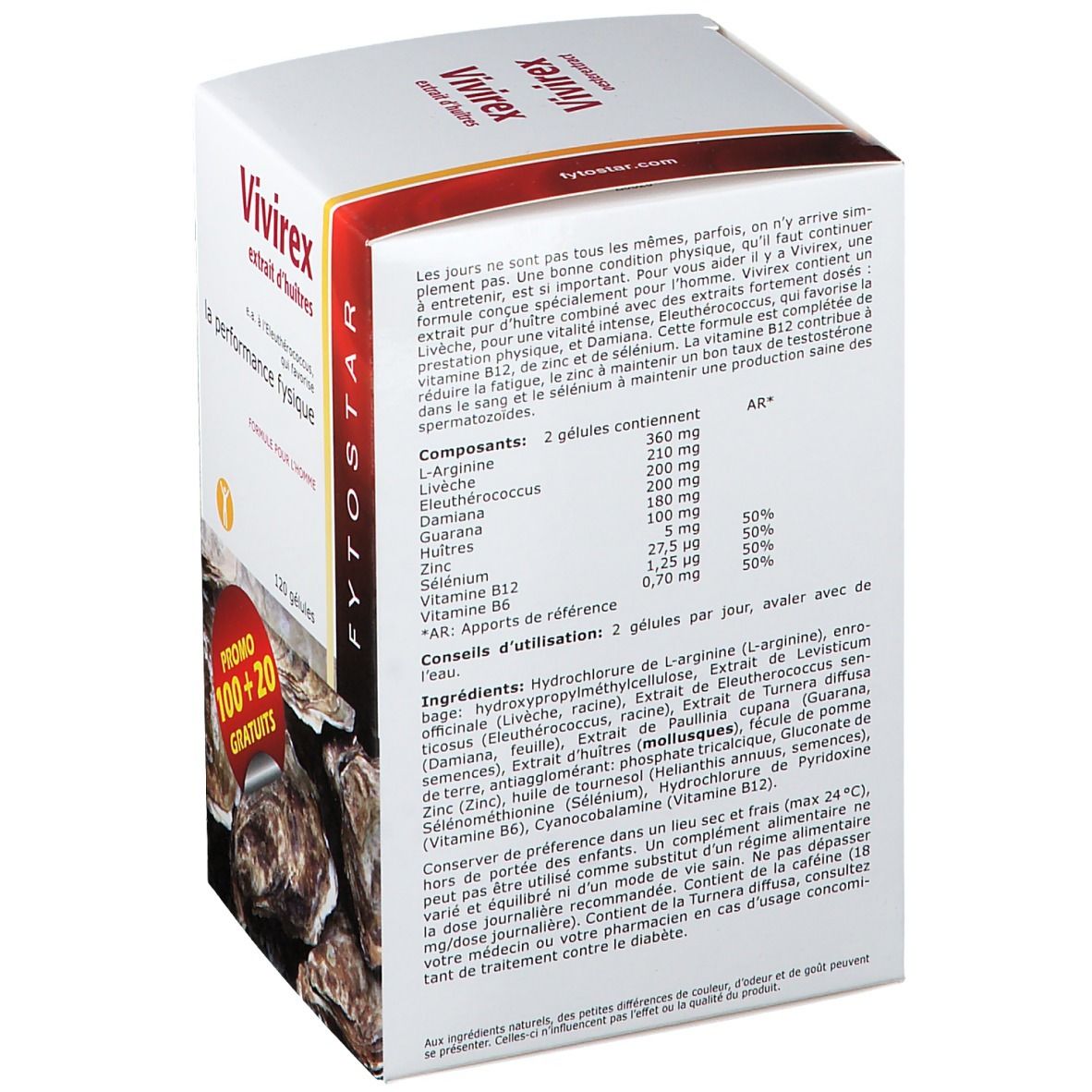 Boîte blanche avec informations produit. Liste des ingrédients et conseils d'utilisation. Fond: huîtres.