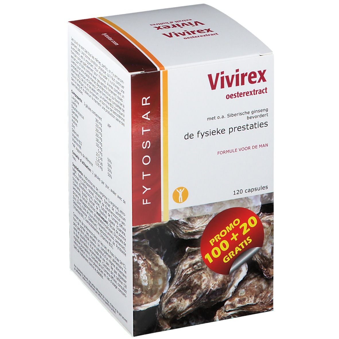 Boîte blanche Vivirex, extrait d'huîtres. Texte: 120 capsules, Promo 100+20 gratuites. Fond: huîtres.