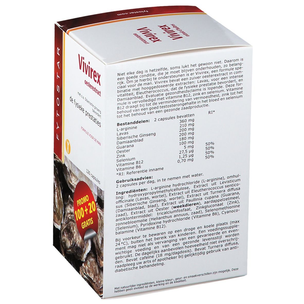 Boîte blanche avec informations produit. Liste des ingrédients et conseils d'utilisation. Fond: huîtres.