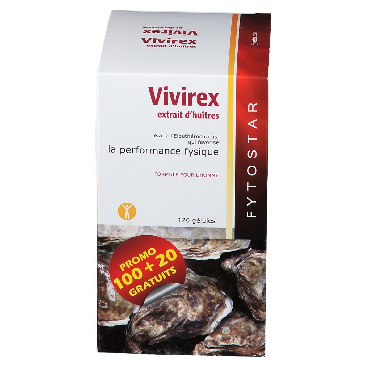 Boîte blanche Vivirex, extrait d'huîtres. Texte: 120 gélules, Promo 100+20 gratuites. Fond: huîtres.