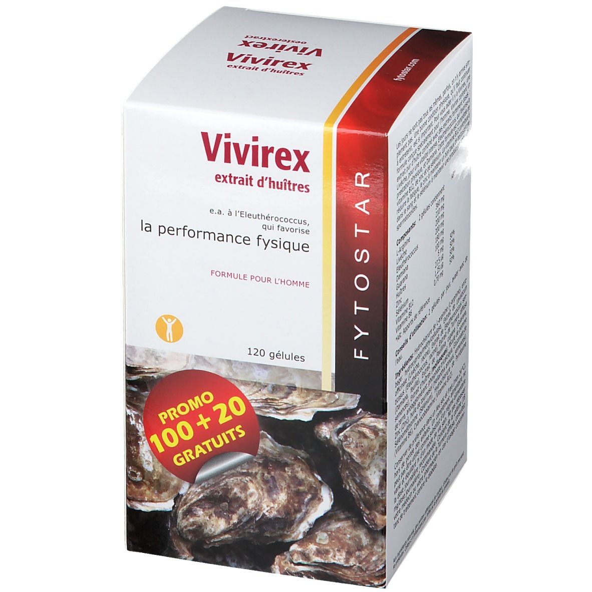 Boîte blanche Vivirex, extrait d'huîtres. Texte: 120 gélules, Promo 100+20 gratuites. Fond: huîtres.