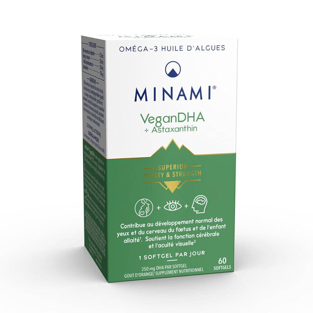 Boîte Minami VeganDHA + Astaxanthine. Emballage blanc et vert avec informations et logo du produit.