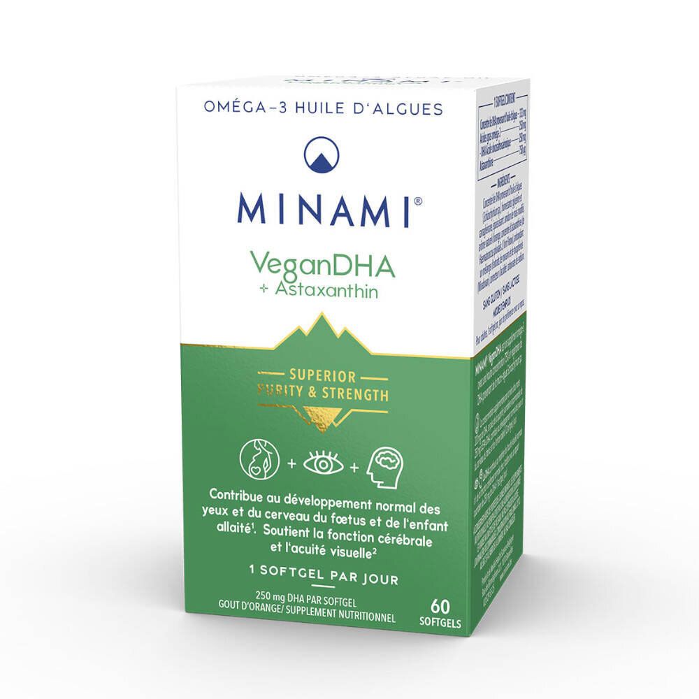Boîte Minami VeganDHA + Astaxanthine. Emballage blanc et vert avec informations et logo du produit.