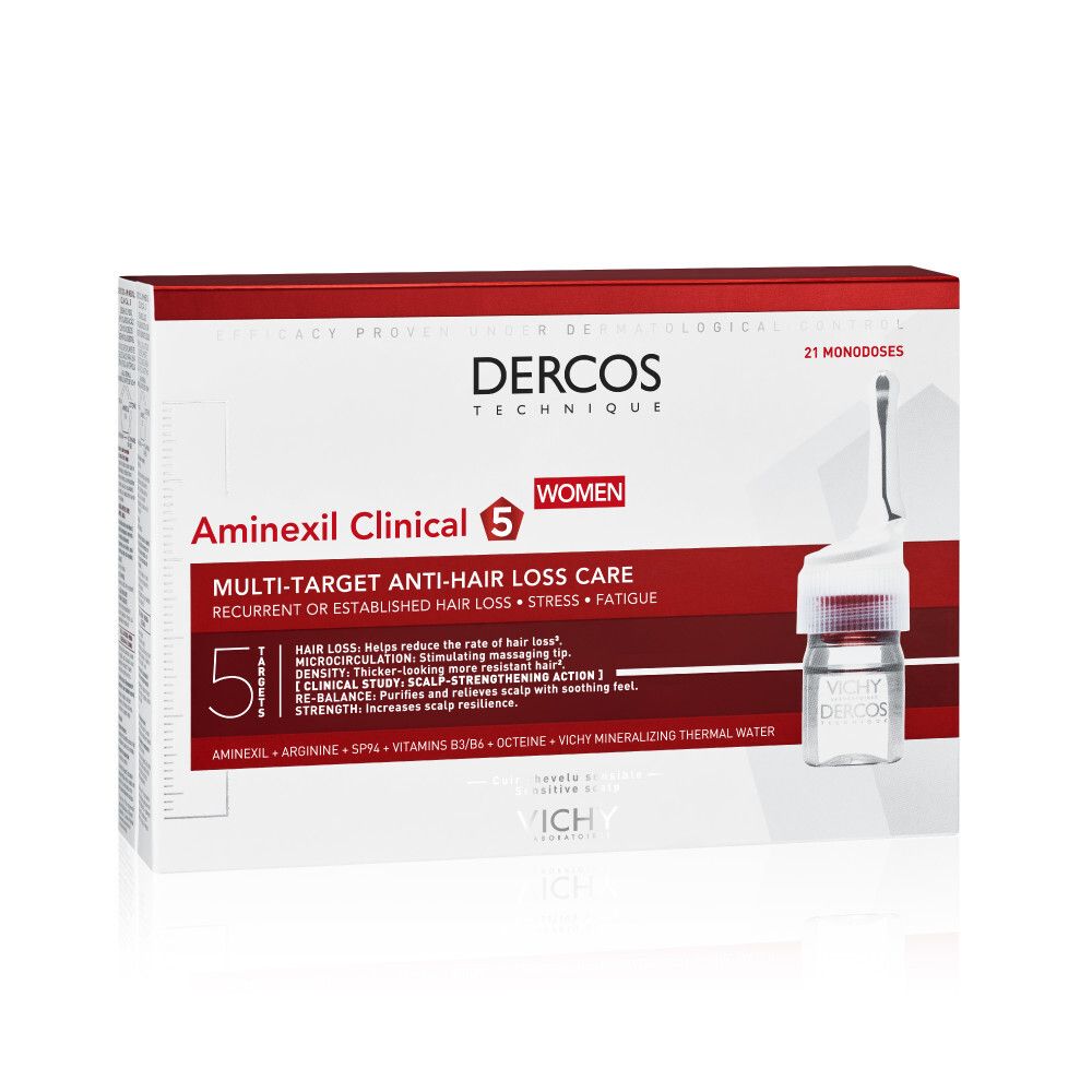 Verpakking met 21 monodoses. Opschrift: Dercos Technique, Aminexil Clinical 5 Women. Ampul ernaast.