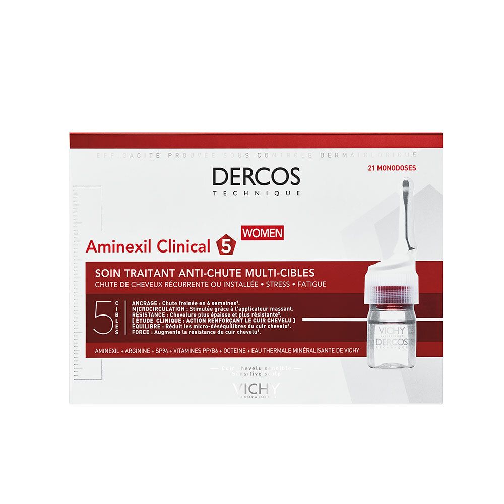 Verpakking met 21 monodoses. Opschrift: Dercos Technique, Aminexil Clinical 5 Women. Ampul ernaast.