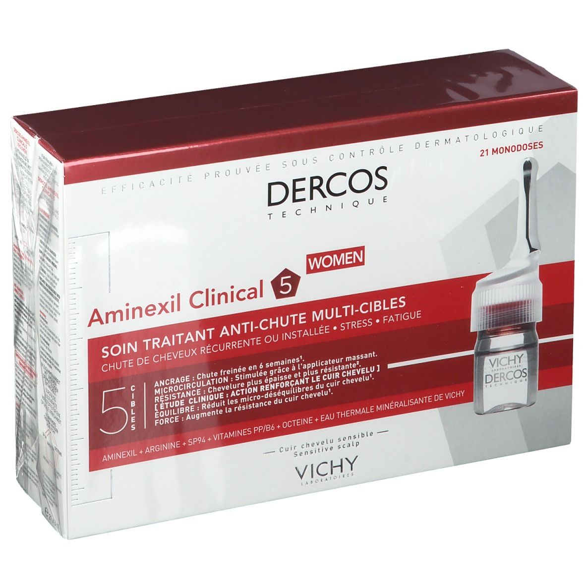 Verpakking met 21 monodoses. Opschrift: Dercos Technique, Aminexil Clinical 5 Women. Ampul ernaast.
