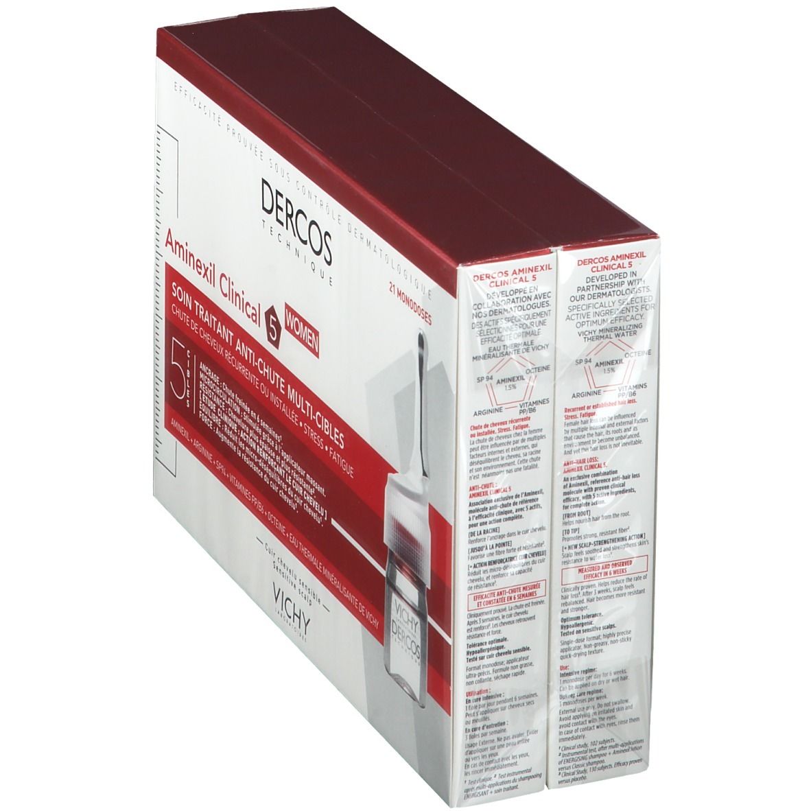 Verpakking met 21 monodoses. Opschrift: Dercos Technique, Aminexil Clinical 5 Women. Ampul ernaast.