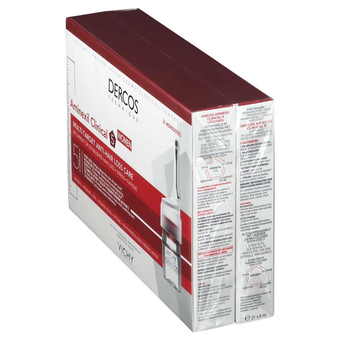 Verpakking met 21 monodoses. Opschrift: Dercos Technique, Aminexil Clinical 5 Women. Ampul ernaast.